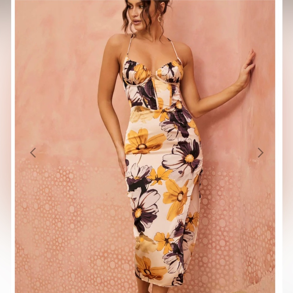 Golden Days Satin Corset Midi Dress Yellow Floral Print